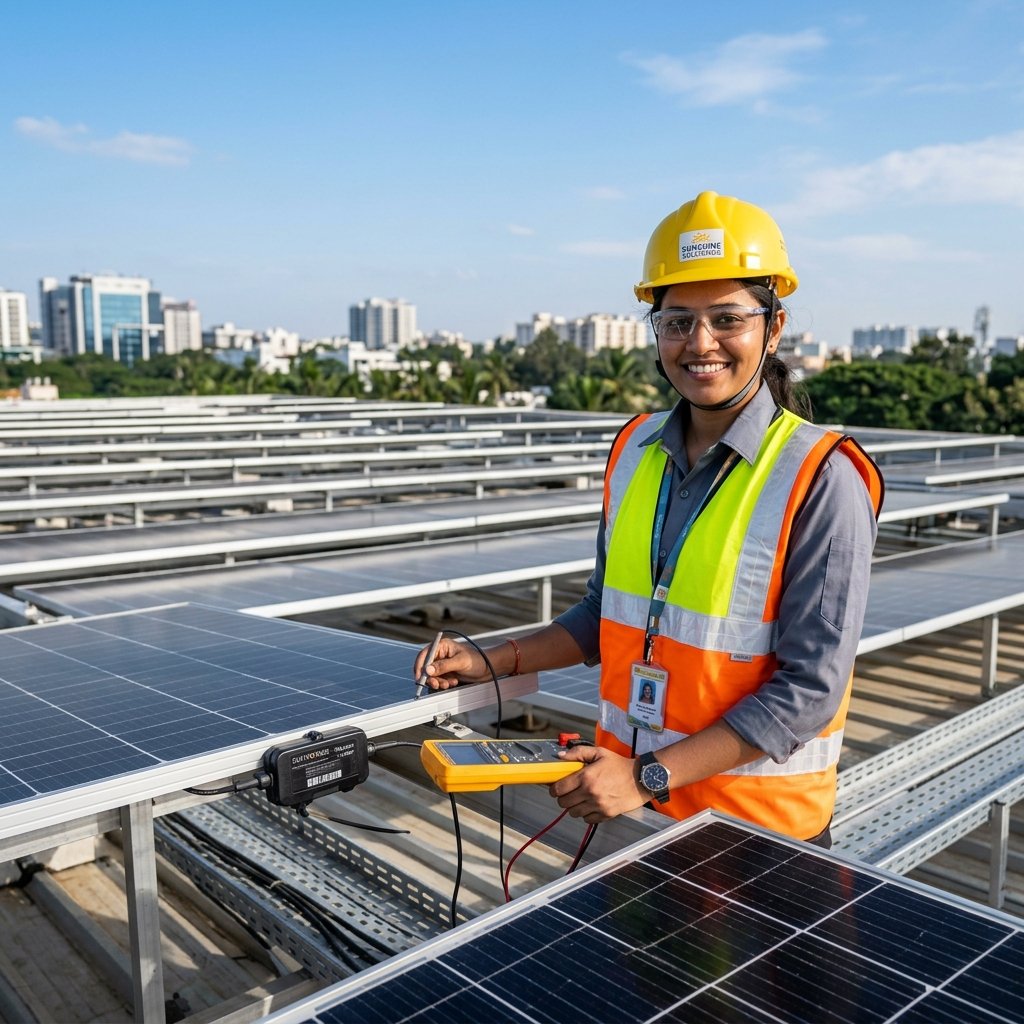 Certified Solar Engineer Inspecting Panels